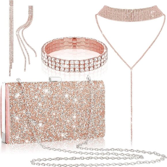 Accessories - Women Rhinestone Clutch Bag Jewelry Set Rose Gold Evening Party Accessories